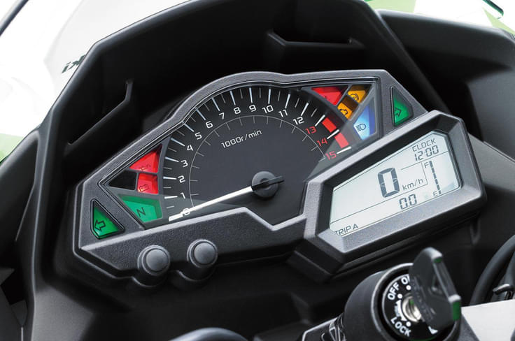It uses the same digi-analogue display as it did when it launched in 2013. Kawasaki Ninja 300 display image
